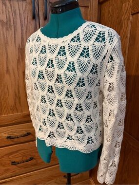 Women’s Cream Crochet Long-Sleeve Scoop Neck Sweater